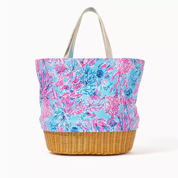 Lilly Pulitzer Wicker Canvas Beach Tote Bag Celestial Blue Seek Sea Coral NWT - Picture 3 of 8